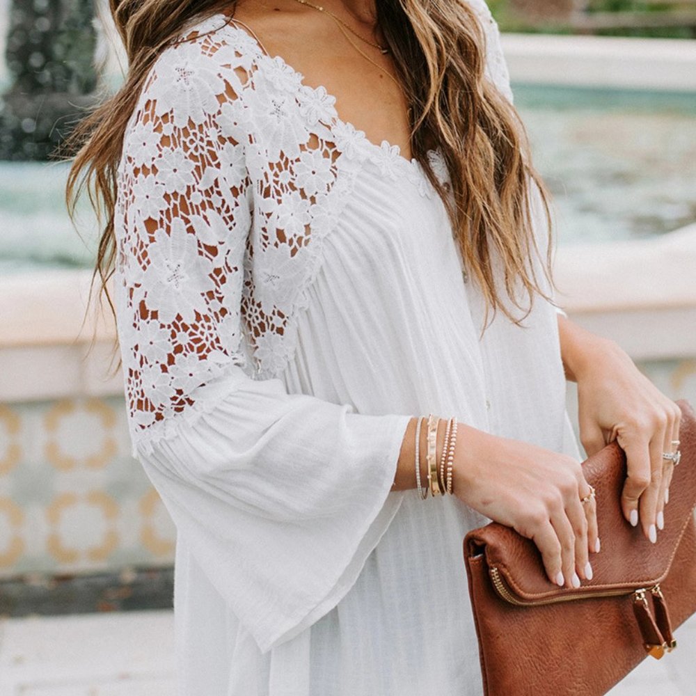 New Boho White Lace Button Front Blouse Top - Picture 8 of 11